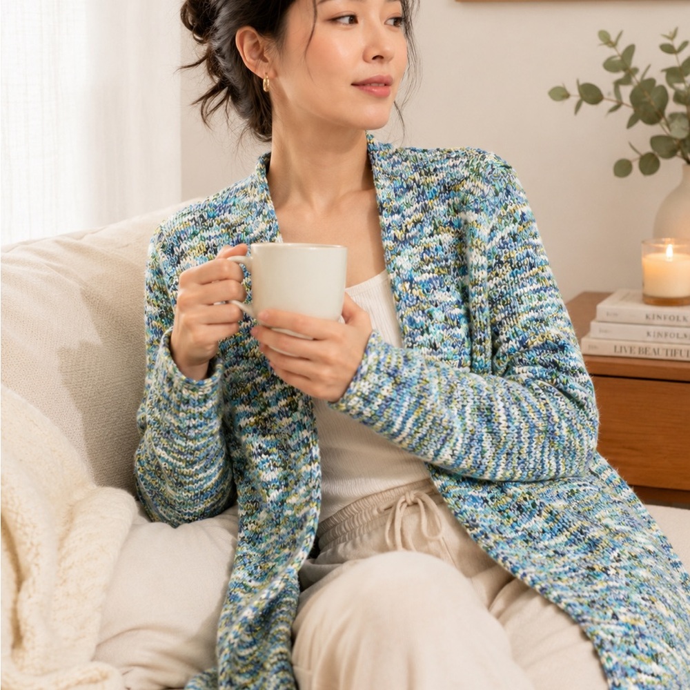 J. Jill Blue Multi Marled soft textured Open-Front Cardigan L